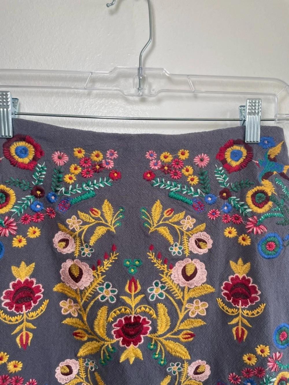 Umgee USA Boho Embroidered Mini Skirt Floral Gray Cotton Linen Medium